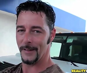 Wonderful woman with big tits gives blowjob for man in car