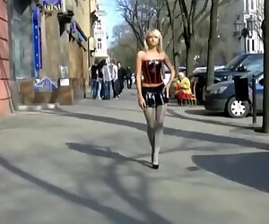 super-hot blond bitch in tight leather miniskirt / minidress upskirt ass showed